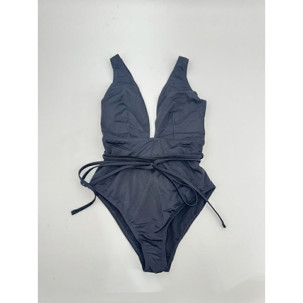 Asos Swimsuit Black One Piece Low Cut Plunge Top Bikini Tie Waist Sz 6 US